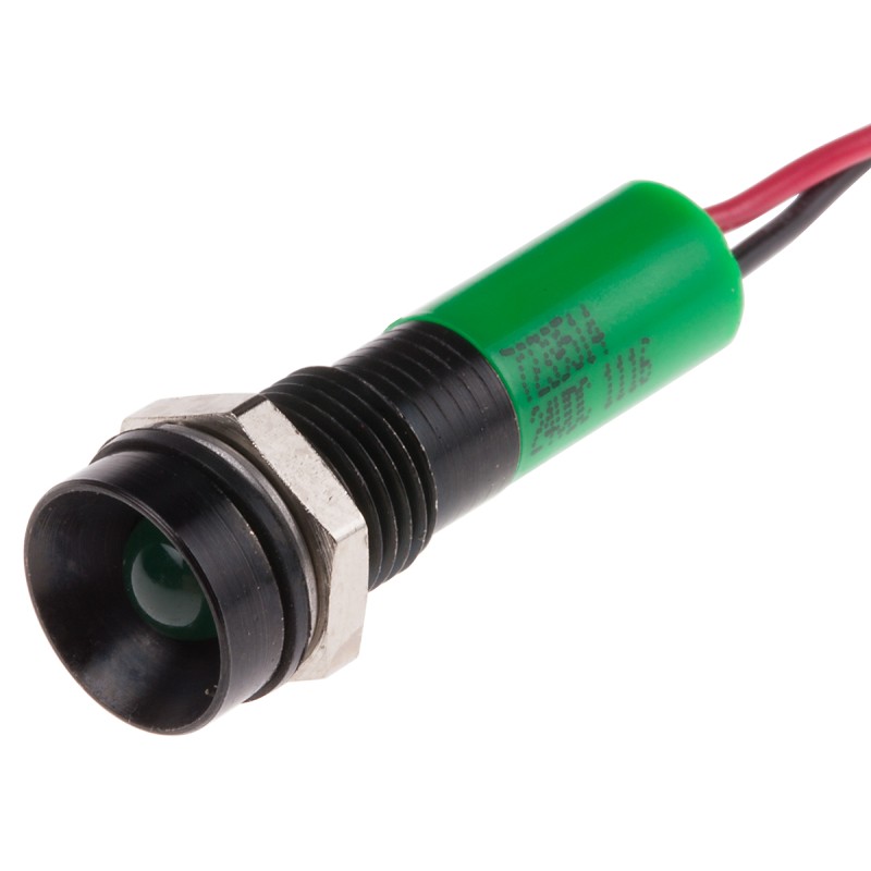 1 pcs - RS PRO Green Panel Mount Indicator, 24V dc, 8mm Mounting Hole Size, Lead Wires Termination, IP67
