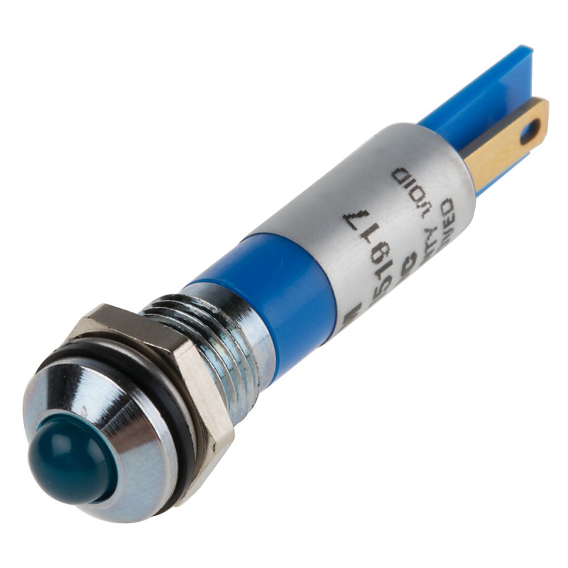 1 pcs - RS PRO Blue Panel Mount Indicator, 12V dc, 8mm Mounting Hole Size, Faston, Solder Lug Termination, IP67