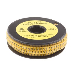 1 Reel of 1000 - RS PRO Slide On Cable Markers, Black on Yellow, Pre-printed '5', 3 - 4.2mm Cable