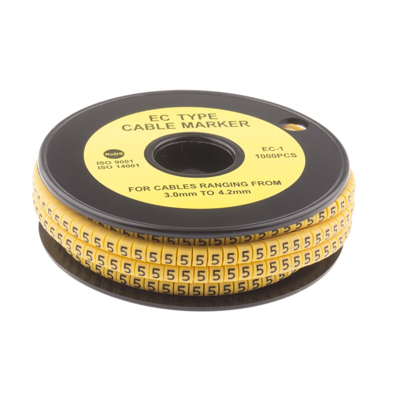 1 Reel of 1000 - RS PRO Slide On Cable Markers, Black on Yellow, Pre-printed '5', 3 - 4.2mm Cable