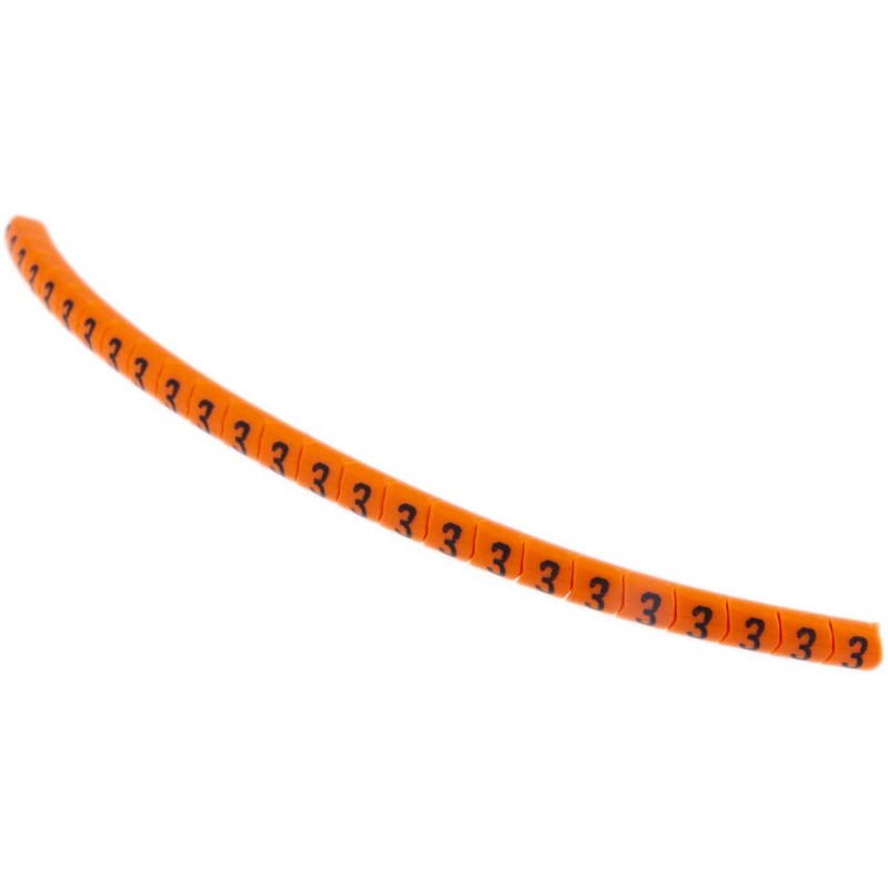 1 Bag of 250 - HellermannTyton Helagrip Slide On Cable Markers, Black on Orange, Pre-printed '3', 1 - 3mm Cable