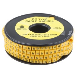 1 Reel of 500 - RS PRO Slide On Cable Markers, Black on Yellow, Pre-printed 'H', 3.6 - 7.4mm Cable