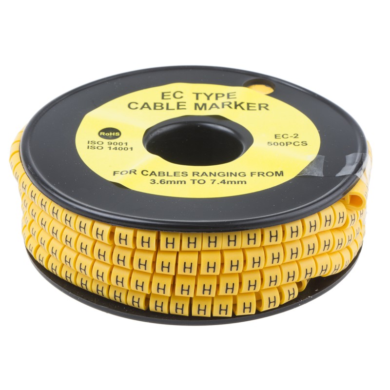 1 Reel of 500 - RS PRO Slide On Cable Markers, Black on Yellow, Pre-printed 'H', 3.6 - 7.4mm Cable