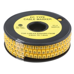 1 Reel of 500 - RS PRO Slide On Cable Markers, Black on Yellow, Pre-printed 'D', 3.6 - 7.4mm Cable