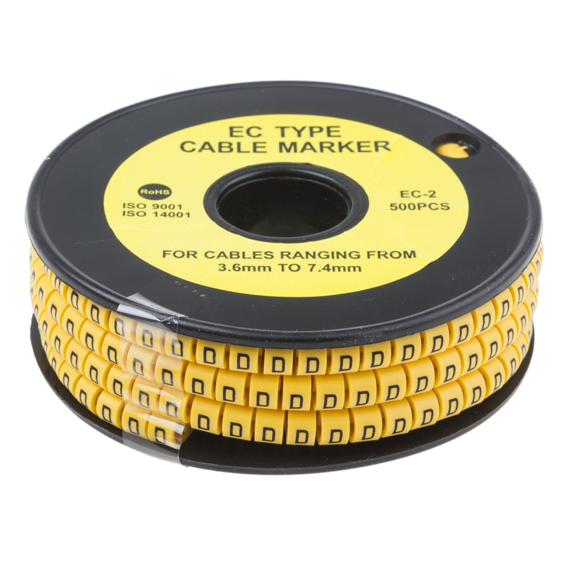 1 Reel of 500 - RS PRO Slide On Cable Markers, Black on Yellow, Pre-printed 'D', 3.6 - 7.4mm Cable