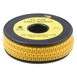 1 Reel of 500 - RS PRO Slide On Cable Markers, Black on Yellow, Pre-printed 'K', 3.6 - 7.4mm Cable