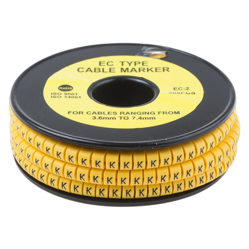 1 Reel of 500 - RS PRO Slide On Cable Markers, Black on Yellow, Pre-printed 'K', 3.6 - 7.4mm Cable