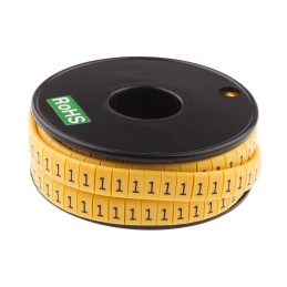 1 Reel of 500 - RS PRO Slide On Cable Markers, Black on Yellow, Pre-printed '1', 3.5 - 7mm Cable
