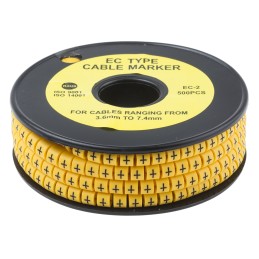 1 Reel of 500 - RS PRO Slide On Cable Markers, Black on Yellow, Pre-printed '+', 3.6 - 7.4mm Cable