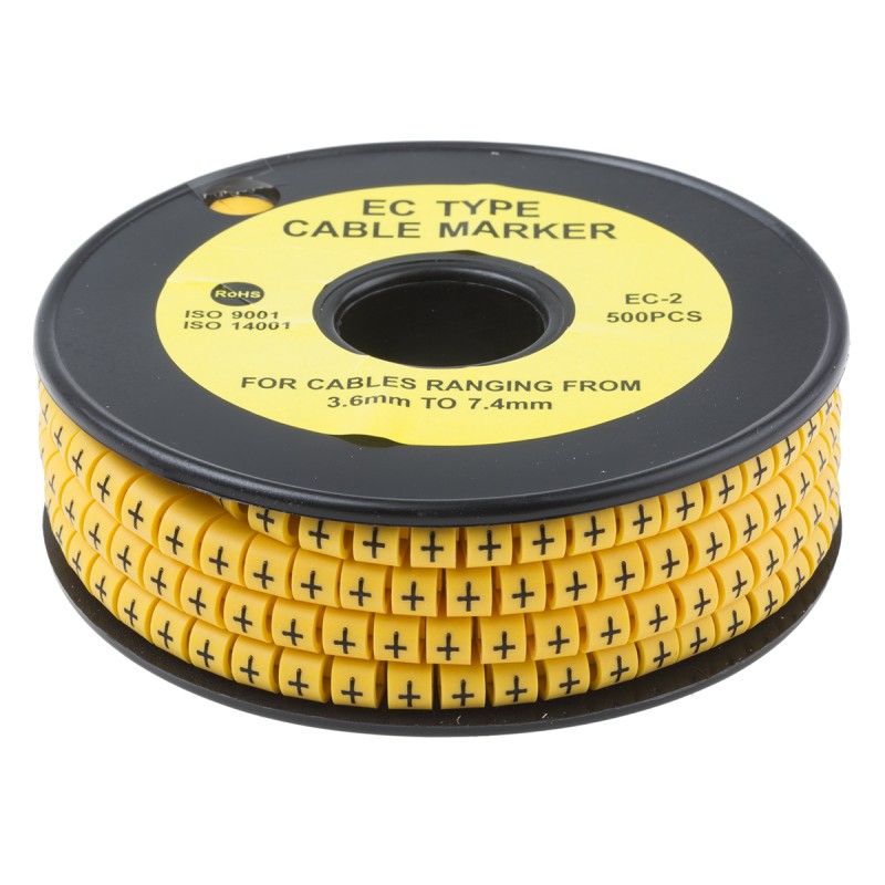 1 Reel of 500 - RS PRO Slide On Cable Markers, Black on Yellow, Pre-printed '+', 3.6 - 7.4mm Cable