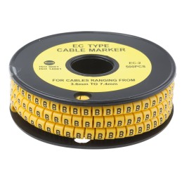1 Reel of 500 - RS PRO Slide On Cable Markers, Black on Yellow, Pre-printed 'B', 3.6 - 7.4mm Cable