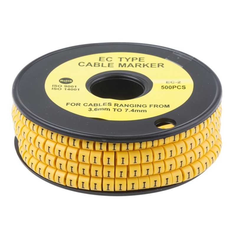 1 Reel of 500 - RS PRO Slide On Cable Markers, Black on Yellow, Pre-printed 'I', 3.6 - 7.4mm Cable