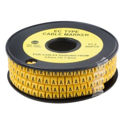 1 Reel of 500 - RS PRO Slide On Cable Markers, Black on Yellow, Pre-printed 'A', 3.6 - 7.4mm Cable