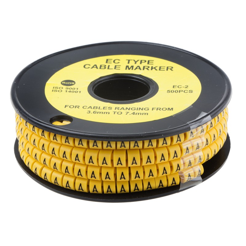 1 Reel of 500 - RS PRO Slide On Cable Markers, Black on Yellow, Pre-printed 'A', 3.6 - 7.4mm Cable