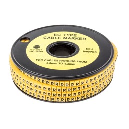 1 Reel of 1000 - RS PRO Slide On Cable Markers, Black on Yellow, Pre-printed 'R', 3 - 4.2mm Cable