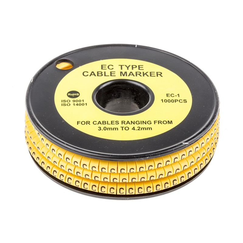1 Reel of 1000 - RS PRO Slide On Cable Markers, Black on Yellow, Pre-printed 'C', 3 - 4.2mm Cable