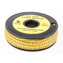 1 Reel of 1000 - RS PRO Slide On Cable Markers, Black on Yellow, Pre-printed 'N', 3 - 4.2mm Cable