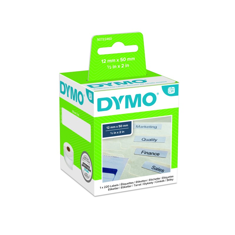 1 Box of 220 - Dymo White Black Print Label Roll, 50mm Width, 12mm Height, 220Per Roll Qty