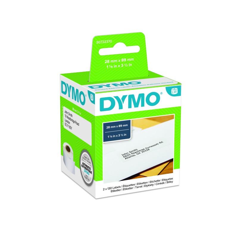 1 Box of 260 - Dymo White Black Print Label Roll, 89mm Width, 28mm Height, 130Per Roll Qty