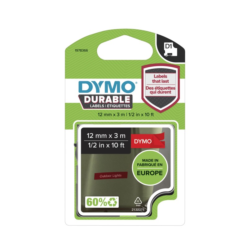 1 pcs - Dymo White on Red Label Printer Tape, 3 m Length
