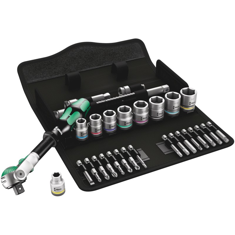 1 pcs - Wera 29-Piece Imperial 3/8 in Standard Socket/Bit Set with Ratchet, 6 point, Hex Bit, Phillips Bit, Pozidriv Bit,