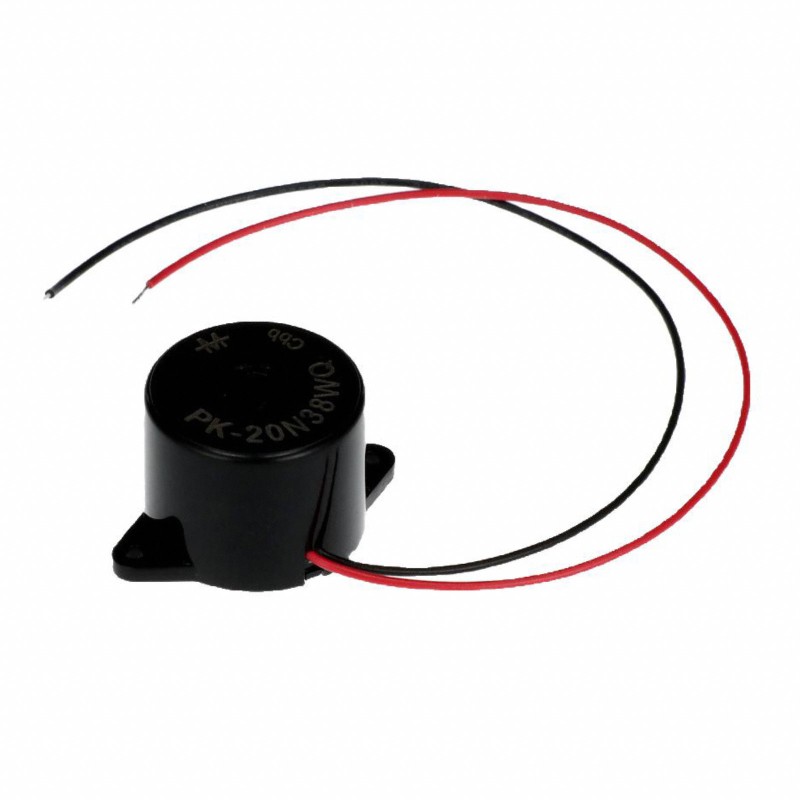 1 pcs : PK-20N38WQ - Buzzers Indicator, Internally Driven Piezo 12 V 12mA 3.8kHz 85dB @ 12V, 30cm Panel Mount, Flange Wire Leads