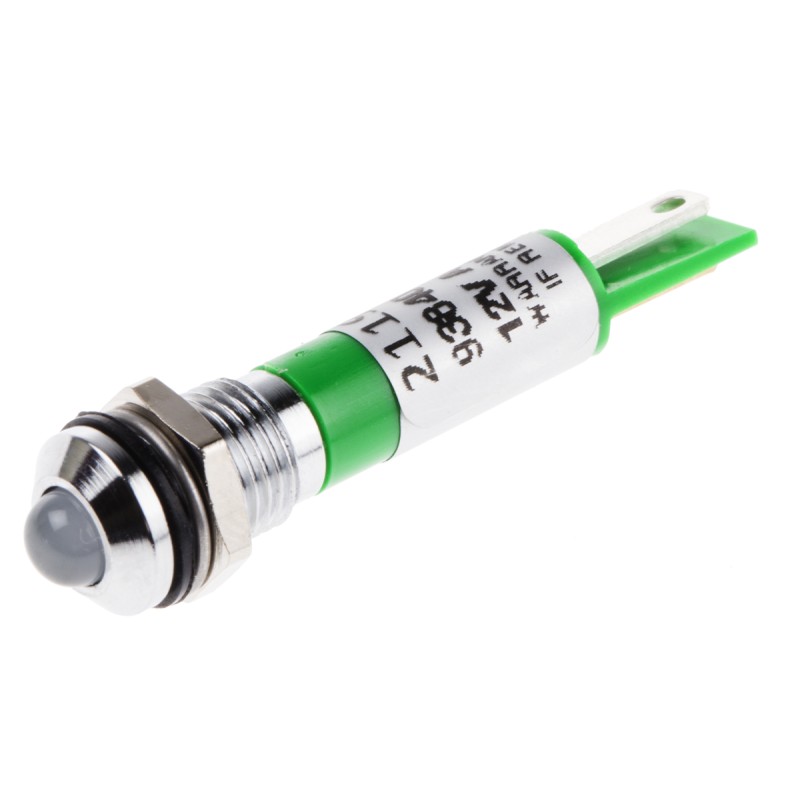 1 pcs - RS PRO Green Panel Mount Indicator, 12V, 8mm Mounting Hole Size, Solder Tab Termination, IP67