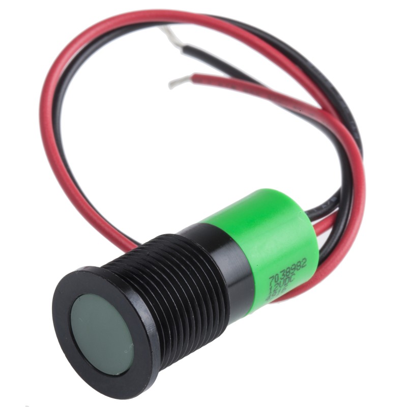 1 pcs - RS PRO Green Panel Mount Indicator, 12V dc, 14mm Mounting Hole Size, Lead Wires Termination, IP67