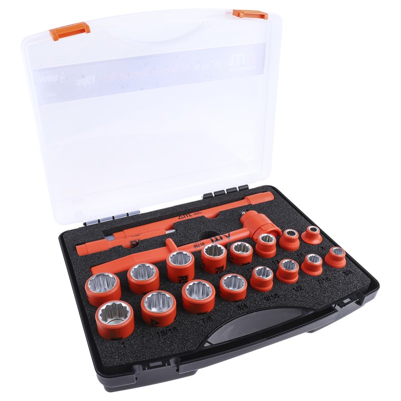 1 pcs - ITL Insulated Tools Ltd 19-Piece Imperial, Metric 1/2 in Standard Socket Set with Ratchet, 12 point, VDE/1000V