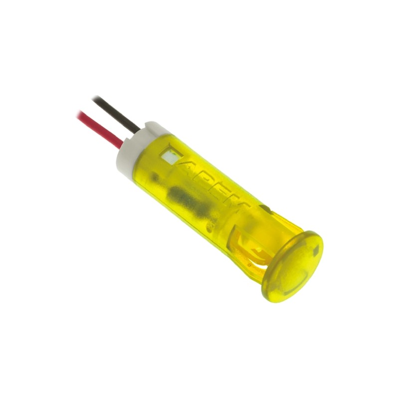 1 pcs - APEM Yellow Panel Mount Indicator, 12V dc, 6mm Mounting Hole Size, Lead Wires Termination