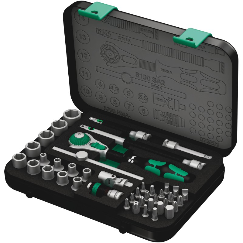 1 pcs - Wera 42-Piece Metric 1/4 in Standard Socket/Bit Set with Ratchet, 6 point, Hex Bit, Phillips Bit, Pozidriv Bit, Slotted