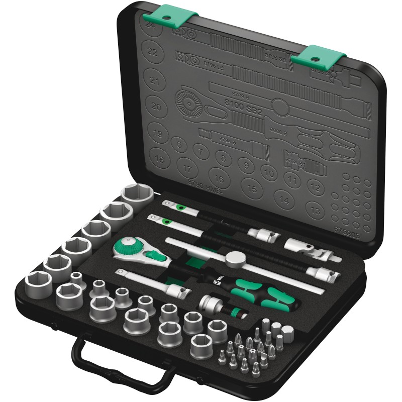 1 pcs - Wera 43-Piece Metric 3/8 in Standard Socket/Bit Set with Ratchet, 6 point, Hex Bit, Phillips Bit, Pozidriv Bit, Slotted
