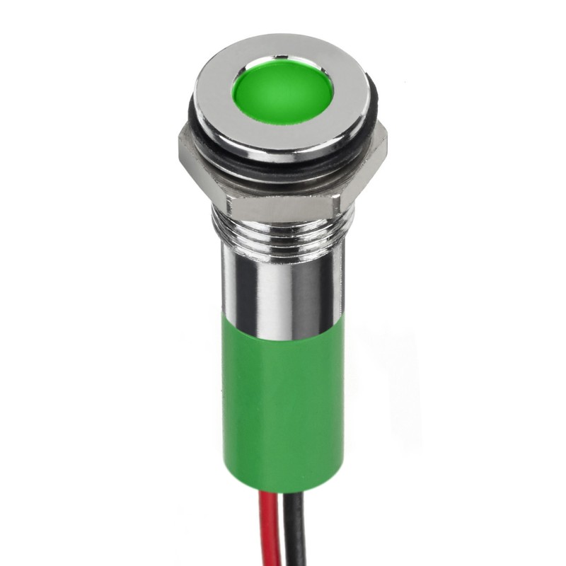 1 pcs - RS PRO Green Panel Mount Indicator, 12V dc, 8mm Mounting Hole Size, Lead Wires Termination, IP67