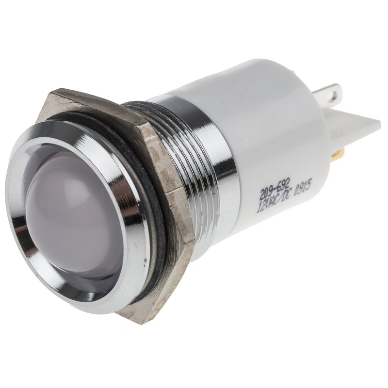 1 pcs - RS PRO White Panel Mount Indicator, 12V, 22mm Mounting Hole Size, Solder Tab Termination