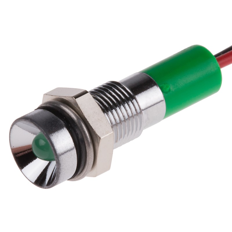 1 pcs - RS PRO Green Panel Mount Indicator, 24V dc, 6mm Mounting Hole Size, Lead Wires Termination, IP67