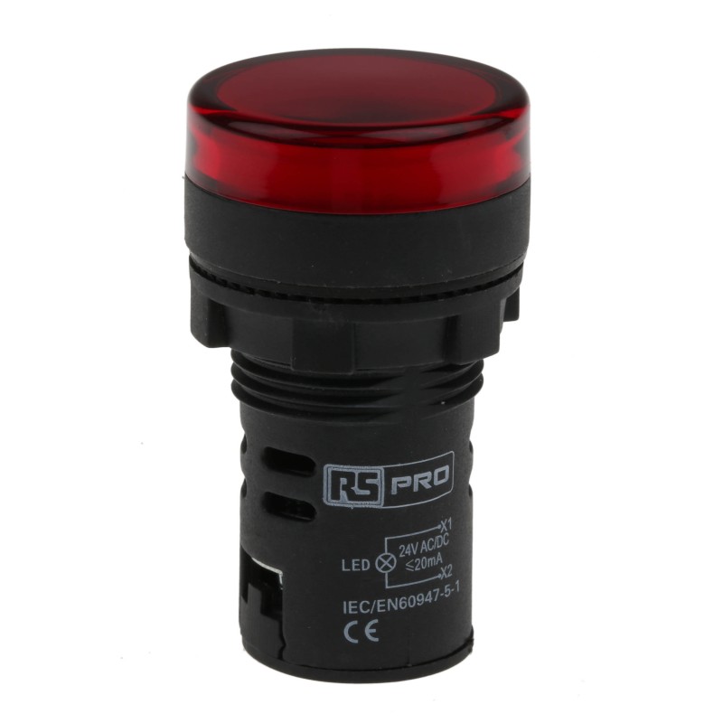 1 pcs - RS PRO, Panel Mount Red LED Pilot Light, 22mm Cutout, IP65, Round, 24V ac/dc