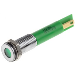 1 pcs - RS PRO Green Panel Mount Indicator, 110V ac, 8mm Mounting Hole Size, Faston, Solder Lug Termination, IP67