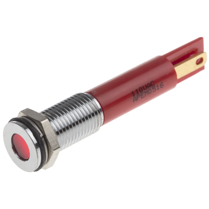 1 pcs - RS PRO Red Panel Mount Indicator, 110V ac, 8mm Mounting Hole Size, Faston, Solder Lug Termination, IP67