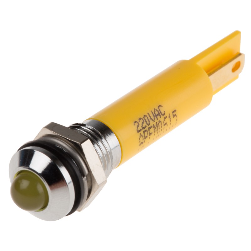 1 pcs - RS PRO Yellow Panel Mount Indicator, 220V ac, 8mm Mounting Hole Size, IP67
