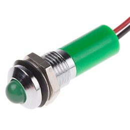 1 pcs - RS PRO Green Panel Mount Indicator, 12V dc, 8mm Mounting Hole Size, Lead Wires Termination, IP67