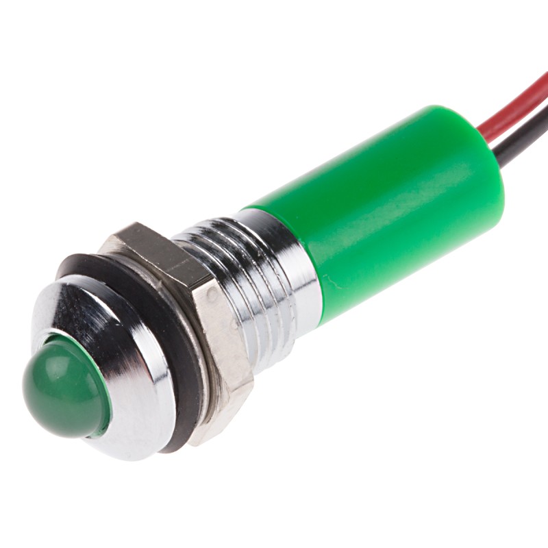 1 pcs - RS PRO Green Panel Mount Indicator, 12V dc, 8mm Mounting Hole Size, Lead Wires Termination, IP67