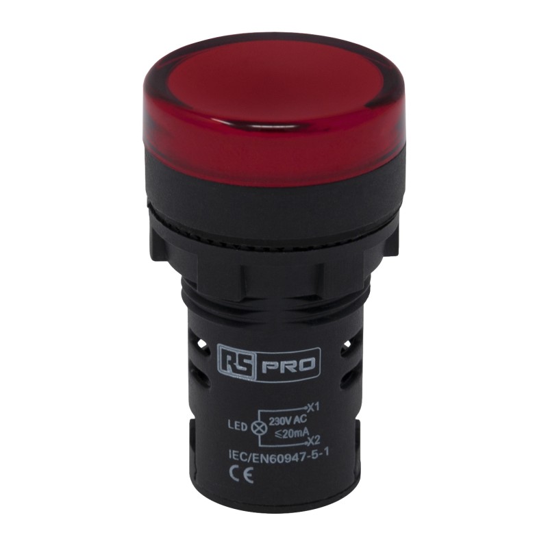 1 pcs - RS PRO, Panel Mount Red LED Pilot Light, 22mm Cutout, IP65, Round, 230V ac