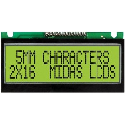 1 pcs - Midas MC21605F6WE-SPTLY F Alphanumeric LCD Display Yellow-Green, 2 Rows by 16 Characters, Transflective