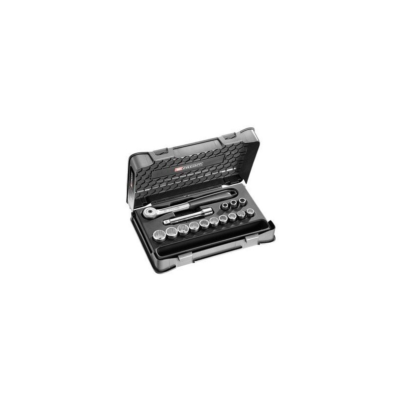 1 pcs - Facom 15-Piece Metric 1/2 in Standard Socket Set with Ratchet, 12 point