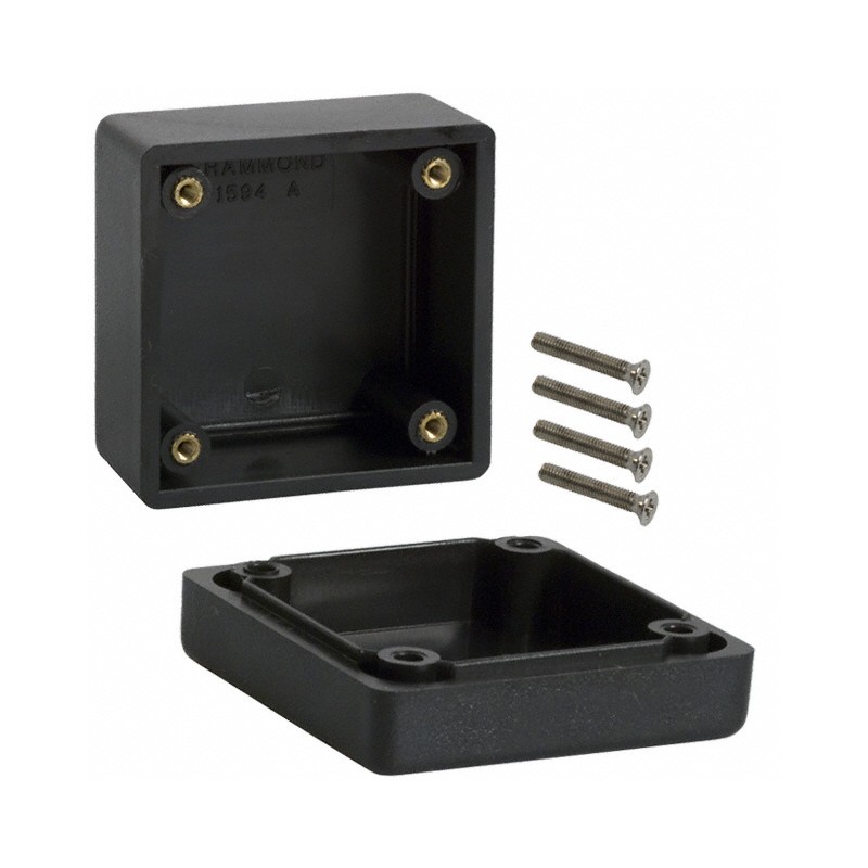 1 pcs : 1594ABK - Box Plastic Black Cover Included 2.205' L x 2.205' W (56.00mm x 56.00mm) X 1.578' (40.08mm)