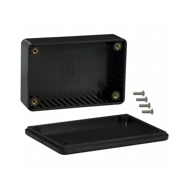 1 pcs : 1591MBK - Box Plastic Black Cover Included 3.339' L x 2.205' W (84.80mm x 56.00mm) X 1.023' (25.98mm)