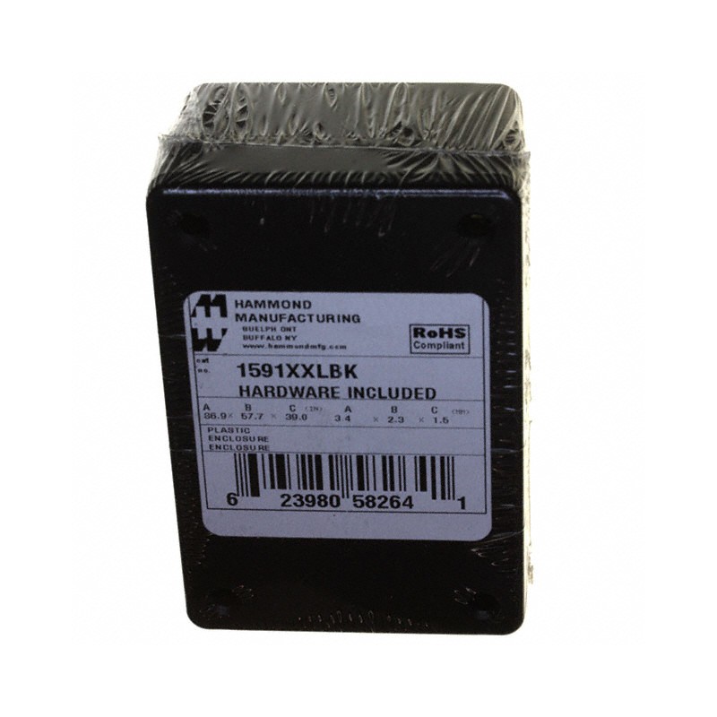 1 pcs : 1591XXLBK - Box Plastic Black Cover Included 3.427' L x 2.279' W (87.05mm x 57.89mm) X 1.604' (40.75mm)