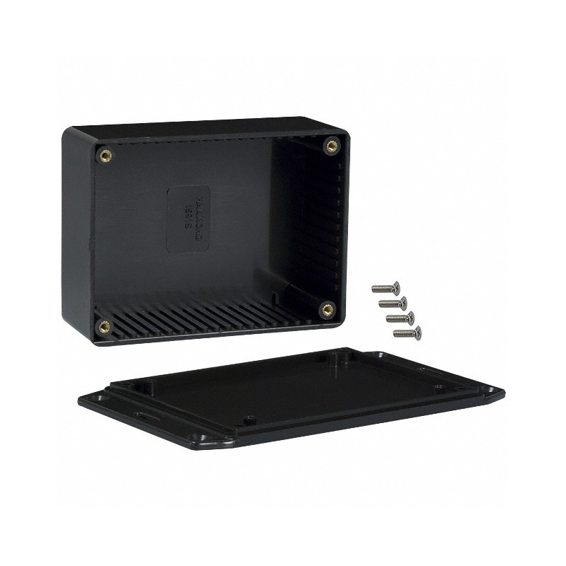 1 pcs : 1591SFLBK - Box Plastic Black Cover Included 4.335' L x 3.236' W (110.11mm x 82.19mm) X 1.732' (43.99mm)