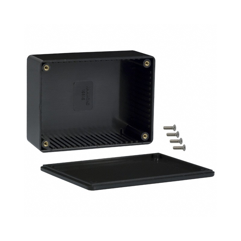 1 pcs : 1591SBK - Box Plastic Black Cover Included 4.335' L x 3.236' W (110.11mm x 82.19mm) X 1.732' (43.99mm)