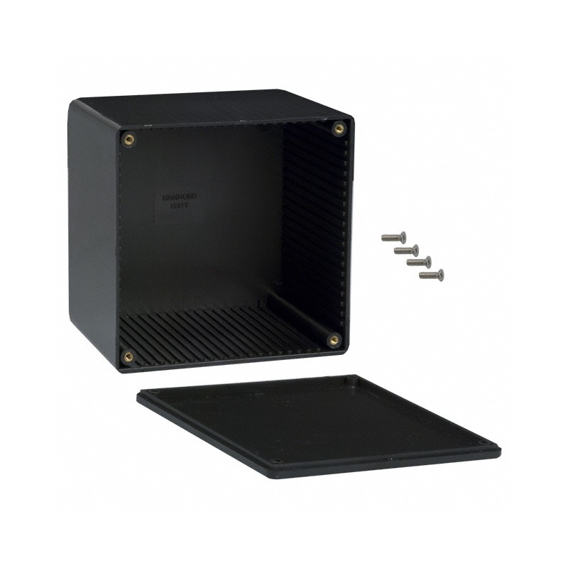 1 pcs : 1591VBK - Box Plastic Black Cover Included 4.724' L x 4.724' W (120.00mm x 119.99mm) X 3.700' (93.98mm)